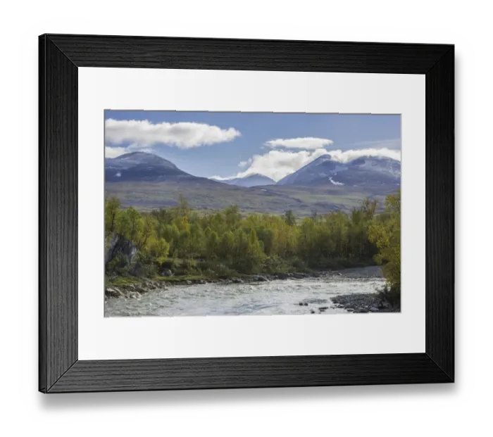 Framed Print : Autumn coloured birch trees on the Abiskojakka river, Lapporten trough valley at the back, Abisko National Park, Norrbotten County, Sweden Framed Print : Autumn coloured birch trees on the Abiskojakka river, Lapporten trough valley at the back, Abisko National Park, Norrbotten County, Sweden