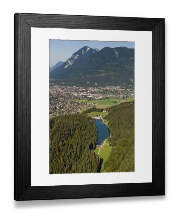 Framed Print : Aerial view, Riessersee, Garmisch-Partenkirchen, Mt Wank, Wetterstein Range, Loisachtal Valley, Werdenfelser Land Region, Bayerisches Oberland, Bavaria, Germany Framed Print : Aerial view, Riessersee, Garmisch-Partenkirchen, Mt Wank, Wetterstein Range, Loisachtal Valley, Werdenfelser Land Region, Bayerisches Oberland, Bavaria, Germany