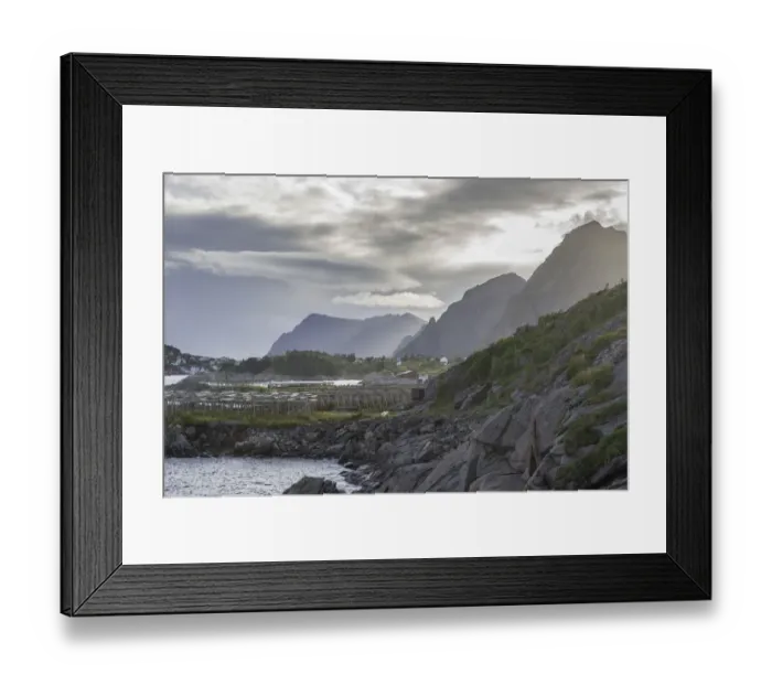 Framed Print : Coast with drying racks, Moskenes, Lofoten, Nordland, Norway Framed Print : Coast with drying racks, Moskenes, Lofoten, Nordland, Norway