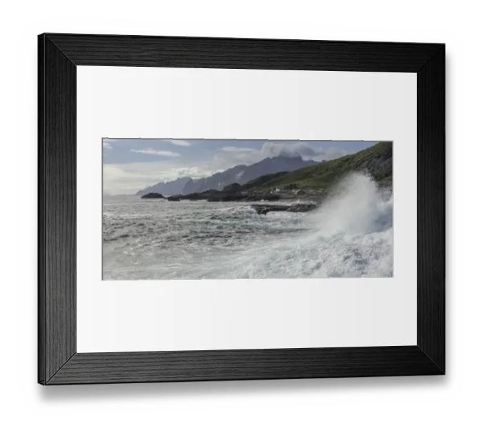Framed Print : Waves breaking on the rocky coast, cottages and rugged mountains at the back, Flakstad, Lofoten, Nordland, Norway Framed Print : Waves breaking on the rocky coast, cottages and rugged mountains at the back, Flakstad, Lofoten, Nordland, Norway