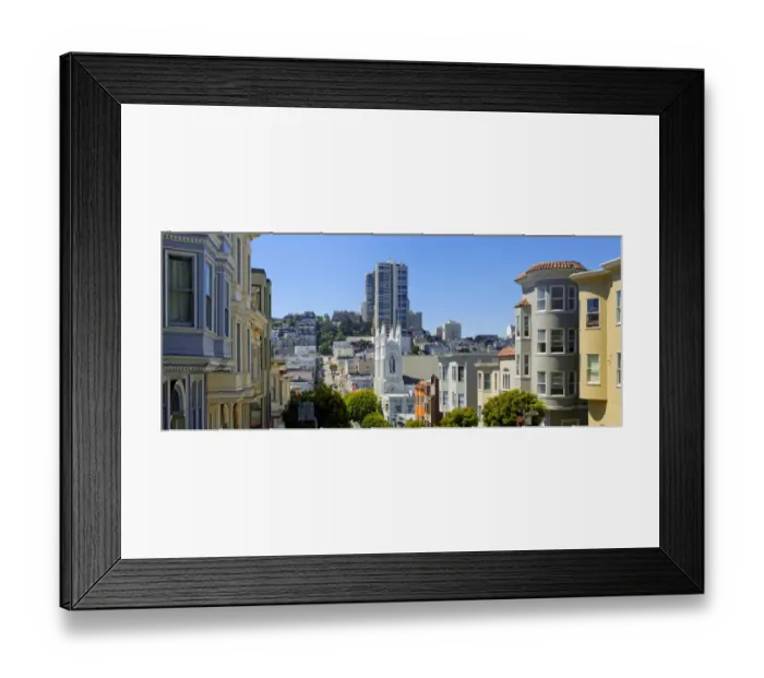 Framed Print : Saint Francis of Assisi Church and historic wooden buildings on Vallejo Street, San Francisco, California, USA