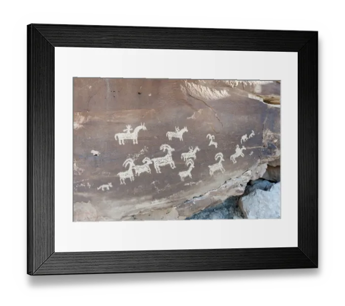 Framed Print : Petroglyphs of the Ute Indians, animals and riders on horseback carved in a rock, Arches National Park, Utah, Western United States, United States of America, North America Framed Print : Petroglyphs of the Ute Indians, animals and riders on horseback carved in a rock, Arches National Park, Utah, Western United States, United States of America, North America
