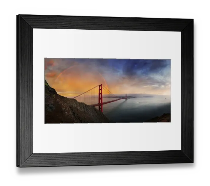 Framed Print : Panoramic view of the Golden Gate Bridge with a rainbow at sunset and orange-glowing storm clouds, San Francisco, California, United States