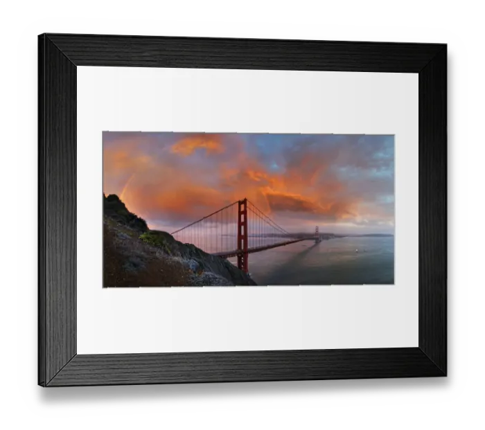 Framed Print : Panoramic view of the Golden Gate Bridge with a rainbow at sunset and orange-glowing storm clouds, San Francisco, California, United States Framed Print : Panoramic view of the Golden Gate Bridge with a rainbow at sunset and orange-glowing storm clouds, San Francisco, California, United States