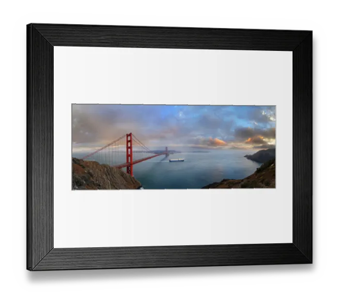 Framed Print : Panoramic view of the Golden Gate Bridge at sunset with a rainbow and storm clouds, San Francisco, California, United States Framed Print : Panoramic view of the Golden Gate Bridge at sunset with a rainbow and storm clouds, San Francisco, California, United States