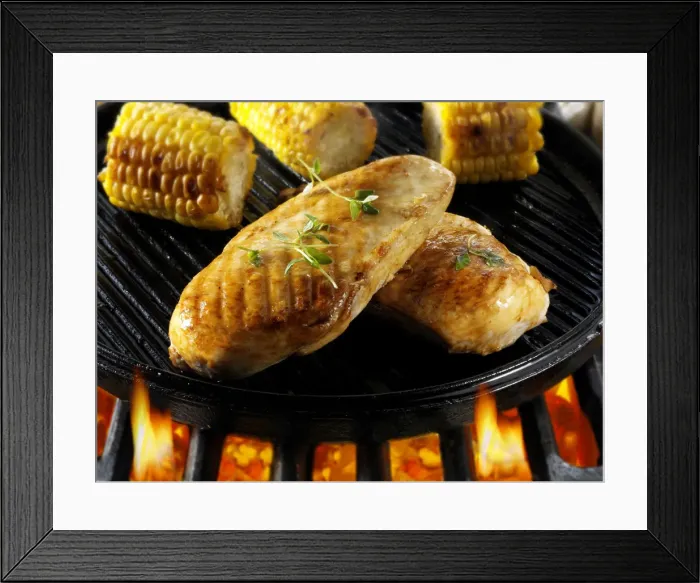 Framed Print : Chicken breast and corn on a barbecue Framed Print : Chicken breast and corn on a barbecue