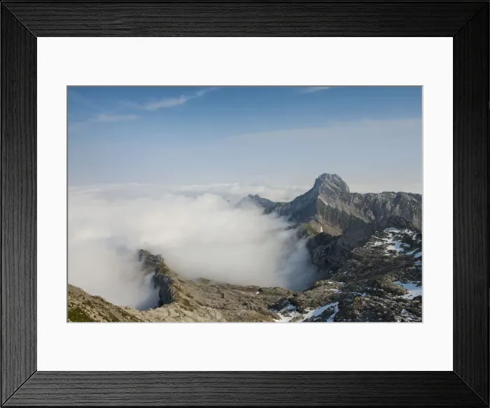 Framed Print : Low stratus as seen from Saentis mountain, view of Altmann mountain, Alpstein mountain group, Appenzell, Switzerland, Europe Framed Print : Low stratus as seen from Saentis mountain, view of Altmann mountain, Alpstein mountain group, Appenzell, Switzerland, Europe