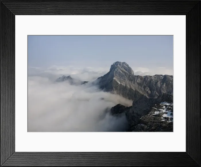 Framed Print : Low stratus as seen from Saentis mountain, view of Altmann mountain, Alpstein mountain group, Appenzell, Switzerland, Europe Framed Print : Low stratus as seen from Saentis mountain, view of Altmann mountain, Alpstein mountain group, Appenzell, Switzerland, Europe