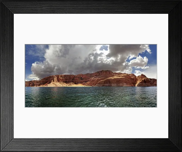 Framed Print : Red Navajo sandstone cliffs, rock formations, rising from Lake Powell, Page, Arizona, USA Framed Print : Red Navajo sandstone cliffs, rock formations, rising from Lake Powell, Page, Arizona, USA
