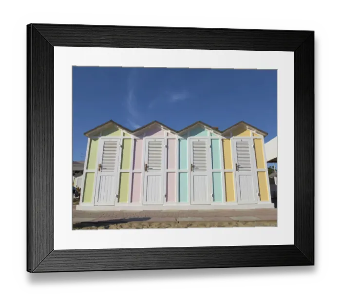 Framed Print : Pastel coloured beach cabins, Riccione, Emilia-Romagna region, Italy Framed Print : Pastel coloured beach cabins, Riccione, Emilia-Romagna region, Italy