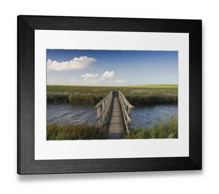 Framed Print : Bridge and salt meadows, Westerheversand, Westerhever, Eiderstedt, North Frisia, Schleswig-Holstein, Germany