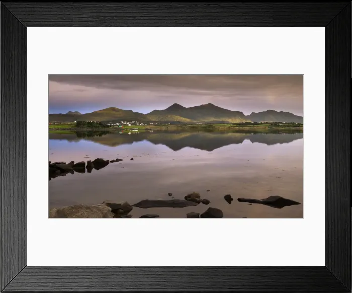 Framed Print : Evening light at Offersoystraumen near Valberget with a view towards Leknes and Guratinden Mountain, Vestvagoya, Lofoten, Nordland, Norway