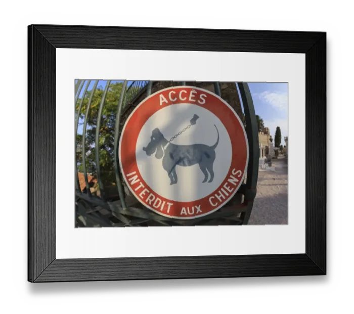 Framed Print : No Dogs Allowed, French sign, Capuchin Monastery of L Annonciade, Provence-Alpes-Cote d?Azur, France Framed Print : No Dogs Allowed, French sign, Capuchin Monastery of L Annonciade, Provence-Alpes-Cote d?Azur, France