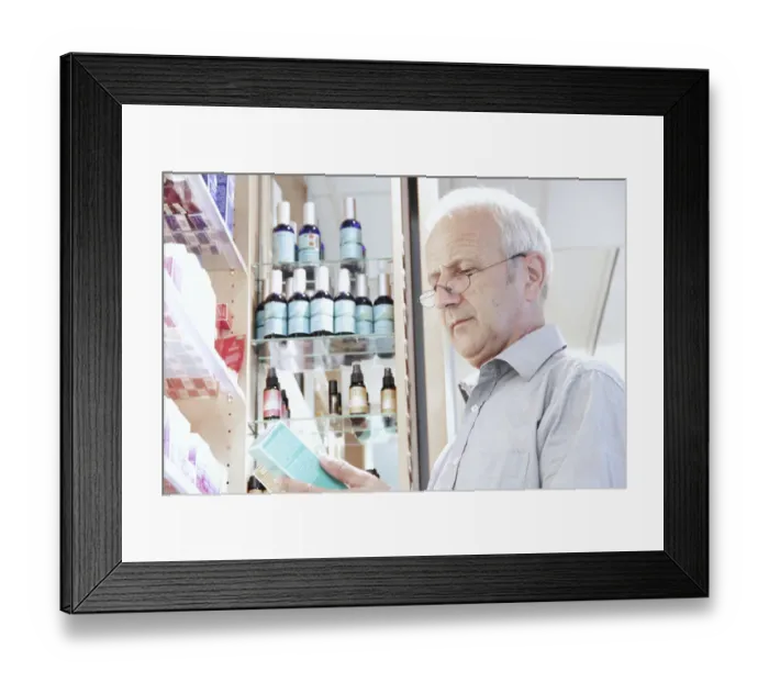 Framed Print : Prices comparison in a pharmacy Framed Print : Prices comparison in a pharmacy