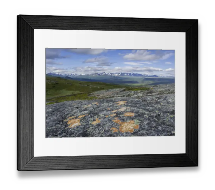 Framed Print : View from the Prinskullen mountain, rocks and lichen at the front, Kvikkjokk, Norrbotten County, Sweden