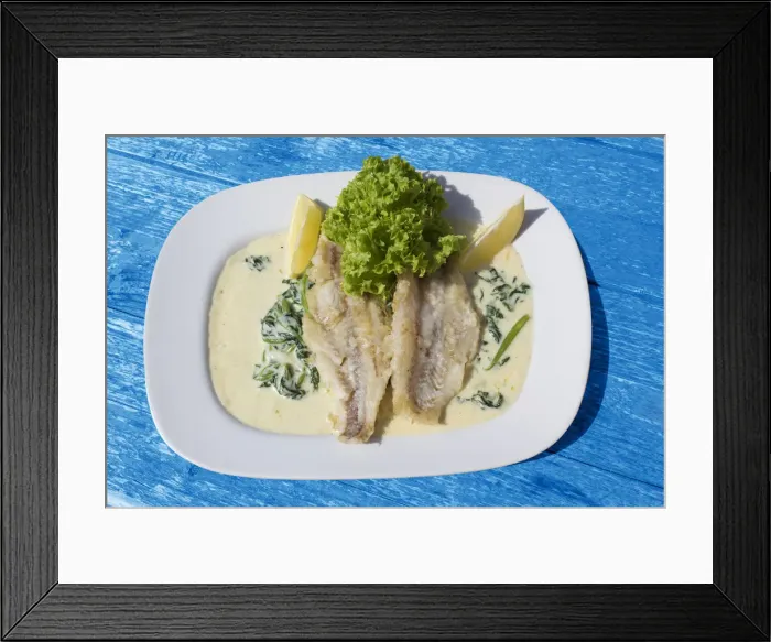 Framed Print : Pike-perch fillet on a bed of spinach with cream sauce Framed Print : Pike-perch fillet on a bed of spinach with cream sauce