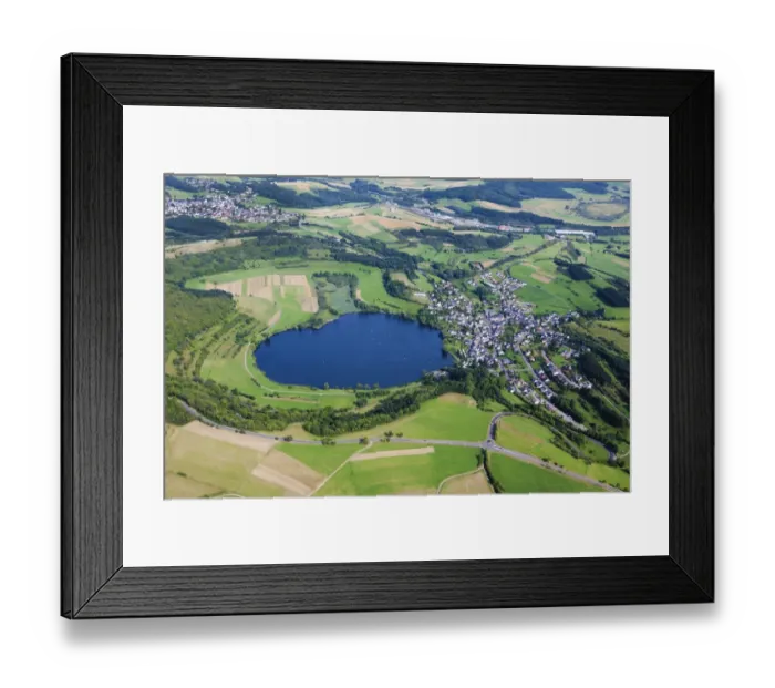 Framed Print : Aerial view, Gemuendener Maar lake, Eifel region, Rhineland-Palatinate, Germany, Europe Framed Print : Aerial view, Gemuendener Maar lake, Eifel region, Rhineland-Palatinate, Germany, Europe