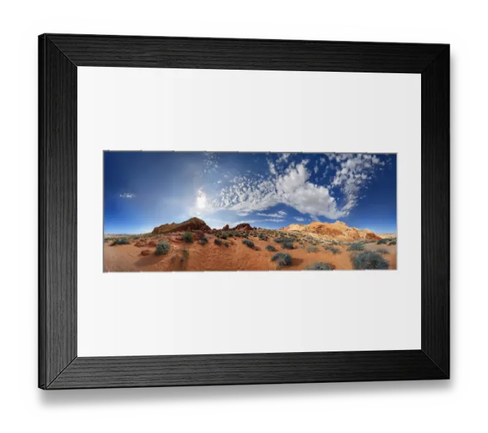Framed Print : 360 panorama of the red sandstone formations at Rainbow Vista sky with cloudy sky, Valley of Fire, Nevada, United States