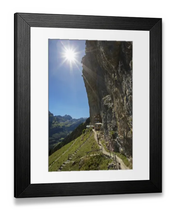 Framed Print : View of the Aescher mountain inn and Altmann mountain, with the sun, Alpstein mountain group, Ebenalp, Switzerland, Europe