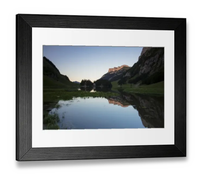 Framed Print : Lake Seealpsee in the evening, Alpstein mountain group, Appenzell, Switzerland, Europe Framed Print : Lake Seealpsee in the evening, Alpstein mountain group, Appenzell, Switzerland, Europe