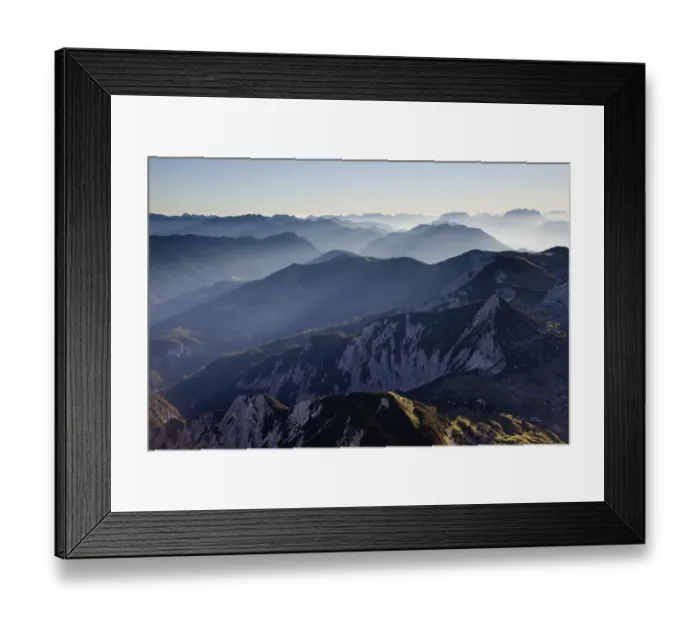 Framed Print : Mountain ridges with backlighting, seen from Hochiss Mountain in Rofan, Maurach, Tyrol, Austria