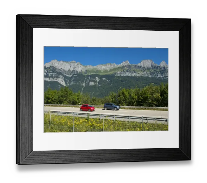 Framed Print : Vehicles on the A3 motorway in front of the Churfirsten range near Lake Walen, Canton of St. Gallen, Switzerland