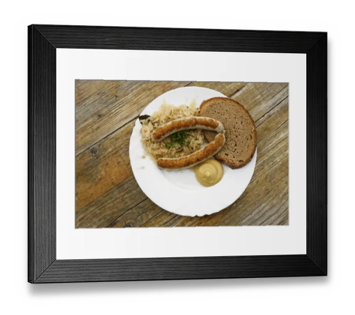 Framed Print : Sausages with sauerkraut and bread, Berggasthaus Hoess mountain guesthouse on Hutterer Hoess Mountain, Totes Gebirge Range, Pyhrn-Priel region, Traunviertel district, Upper Austria, Austria, Europe Framed Print : Sausages with sauerkraut and bread, Berggasthaus Hoess mountain guesthouse on Hutterer Hoess Mountain, Totes Gebirge Range, Pyhrn-Priel region, Traunviertel district, Upper Austria, Austria, Europe