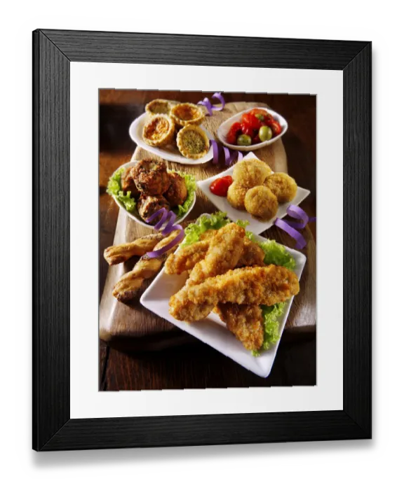Framed Print : Party buffet food with Southern fried chicken, onion balls, small quiches and fried Camembert Framed Print : Party buffet food with Southern fried chicken, onion balls, small quiches and fried Camembert