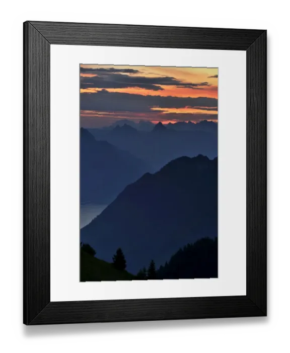 Framed Print : Mountain silhouette, with Kleiner Mythen and Grosser Mythen mountains at the rear, Stanserhorn, Switzerland, Europe Framed Print : Mountain silhouette, with Kleiner Mythen and Grosser Mythen mountains at the rear, Stanserhorn, Switzerland, Europe
