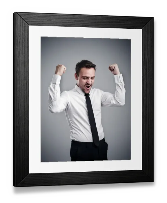 Framed Print : Young man wearing a shirt and a tie, cheering, success, victory pose Framed Print : Young man wearing a shirt and a tie, cheering, success, victory pose