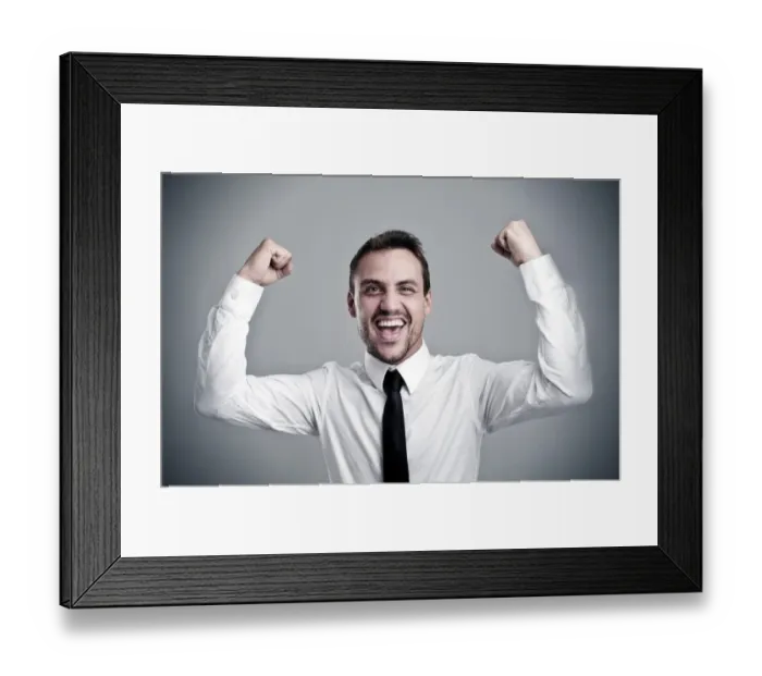 Framed Print : Young man wearing a shirt and a tie cheering, laughing, success, victory pose Framed Print : Young man wearing a shirt and a tie cheering, laughing, success, victory pose