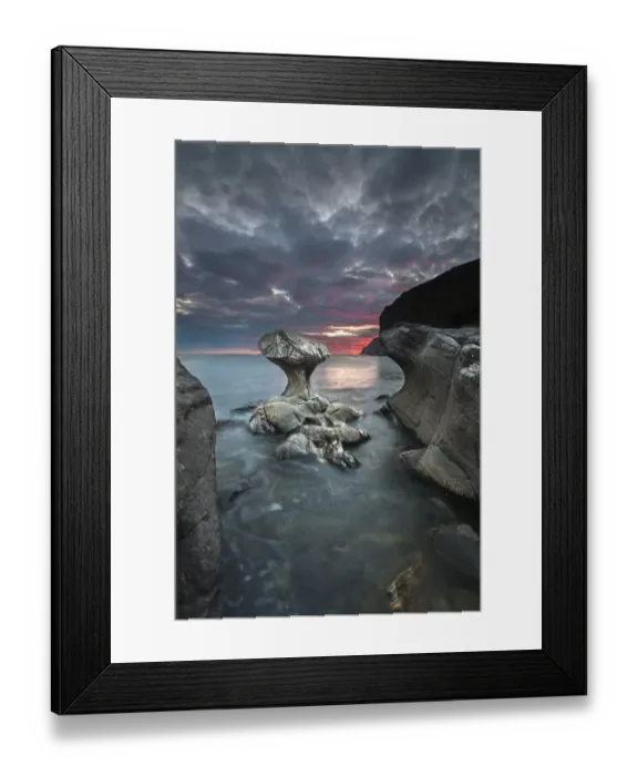 Framed Print : Kannestein or Kanne Stone with coastline at sunset, Vagsoy island, Sogn og Fjordane, Norway Framed Print : Kannestein or Kanne Stone with coastline at sunset, Vagsoy island, Sogn og Fjordane, Norway