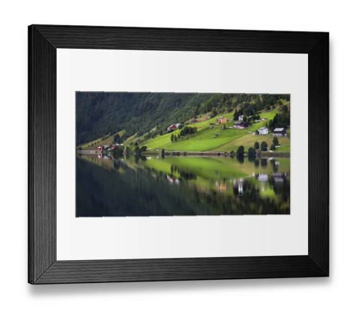 Framed Print : Hamlet of Heggland reflected in Lake Oppheimsvatnet, Oppheim, Hordaland, Norway Framed Print : Hamlet of Heggland reflected in Lake Oppheimsvatnet, Oppheim, Hordaland, Norway