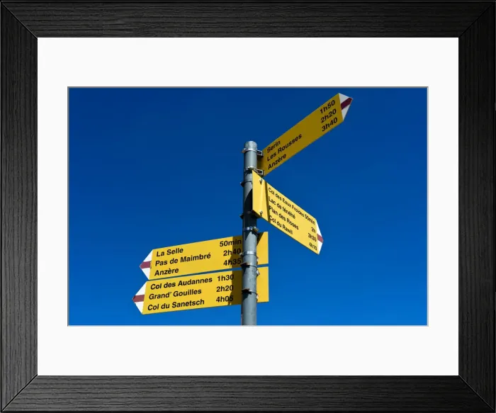 Framed Print : Signposts for hiking routes at the Cabane des Audannes, Bernese Alps, Canton of Valais, Switzerland Framed Print : Signposts for hiking routes at the Cabane des Audannes, Bernese Alps, Canton of Valais, Switzerland