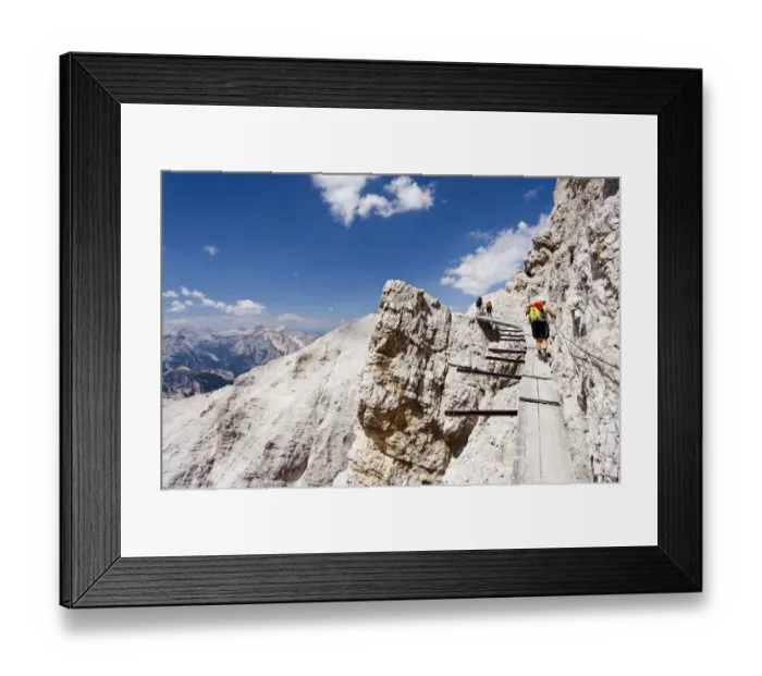 Framed Print : Climber climbing along the Via Ferrata Ivano Dibona climbing route on Monte Cristallo to the summit of Cristallino, Dolomites, Belluno, Italy, Europe