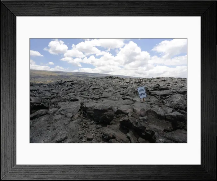 Framed Print : Sign road closed, lava field in the East Rift Zone, Kilauea volcano, Big Island, Hawaii, USA