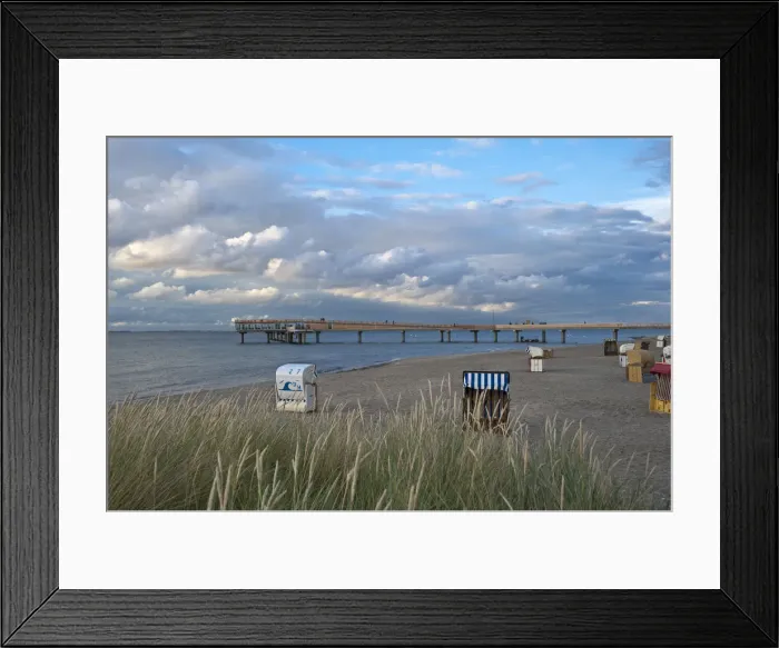 Framed Print : Beach with the pier, Erlebnis-Seebruecke, Heiligenhafen, Baltic Sea, Schleswig-Holstein, Germany, Europe