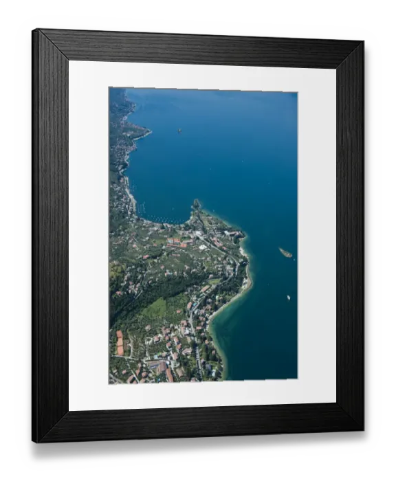 Framed Print : Aerial view, Malcesine, Lake Garda, Val di Sogno bay, Isola di immaginazione, Veneto, Verona Province, Italy Framed Print : Aerial view, Malcesine, Lake Garda, Val di Sogno bay, Isola di immaginazione, Veneto, Verona Province, Italy