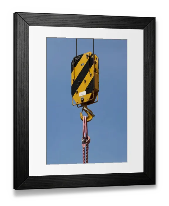 Framed Print : Karabiner or hook of a heavy-duty crane