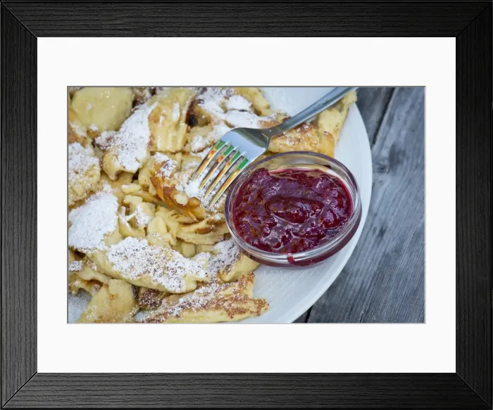 Framed Print : Kaiserschmarrn, a traditional Austrian dessert, with powdered sugar and cranberry marmalade, fork, Stubaital valley, Tyrol, Austria, Europe Framed Print : Kaiserschmarrn, a traditional Austrian dessert, with powdered sugar and cranberry marmalade, fork, Stubaital valley, Tyrol, Austria, Europe