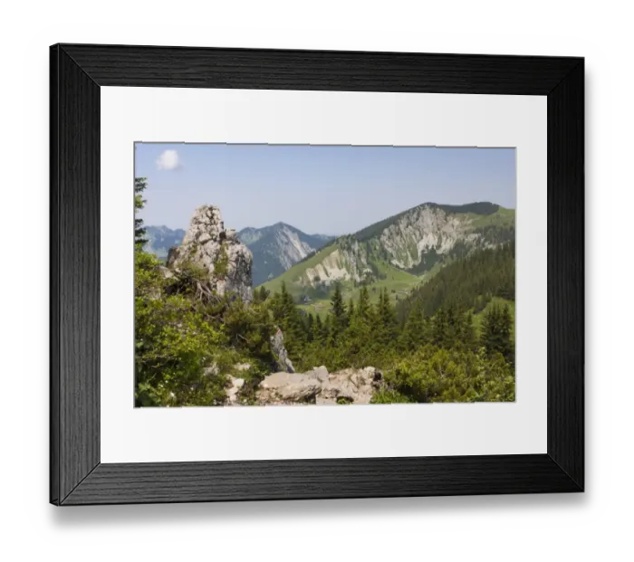 Framed Print : Mt Taubenstein near Spitzingsee Lake, Mt Brecherspitz, 1683m, and Mt Jaegerkampf, 1746m, at back, Mangfall Mountains, Alps, Bavaria, Germany, Europe