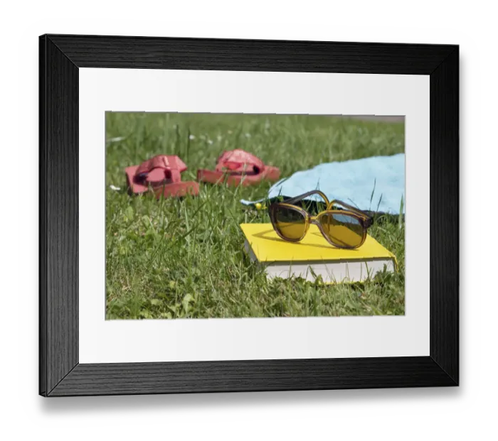 Framed Print : Flip flops, book and sunglasses on grass Framed Print : Flip flops, book and sunglasses on grass
