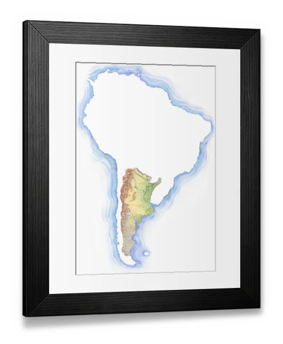 Framed Print : Highly detailed hand-drawn map of Argentina within the outline of South America with a compass rose and the equator Framed Print : Highly detailed hand-drawn map of Argentina within the outline of South America with a compass rose and the equator