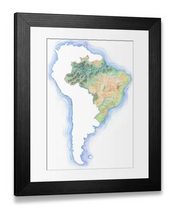 Framed Print : Highly detailed hand-drawn map of Brazil within the outline of South America with a compass rose and the equator Framed Print : Highly detailed hand-drawn map of Brazil within the outline of South America with a compass rose and the equator