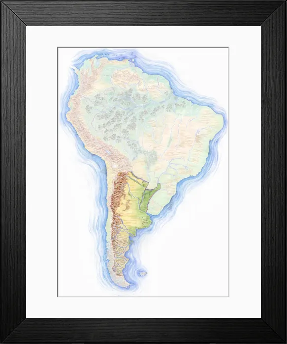 Framed Print : Highly detailed hand-drawn map of South America with Argentina highlighted Framed Print : Highly detailed hand-drawn map of South America with Argentina highlighted
