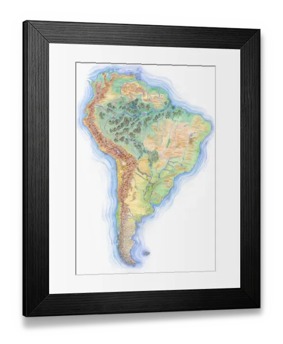 Framed Print : Highly detailed hand-drawn map of South America with Brazil highlighted Framed Print : Highly detailed hand-drawn map of South America with Brazil highlighted
