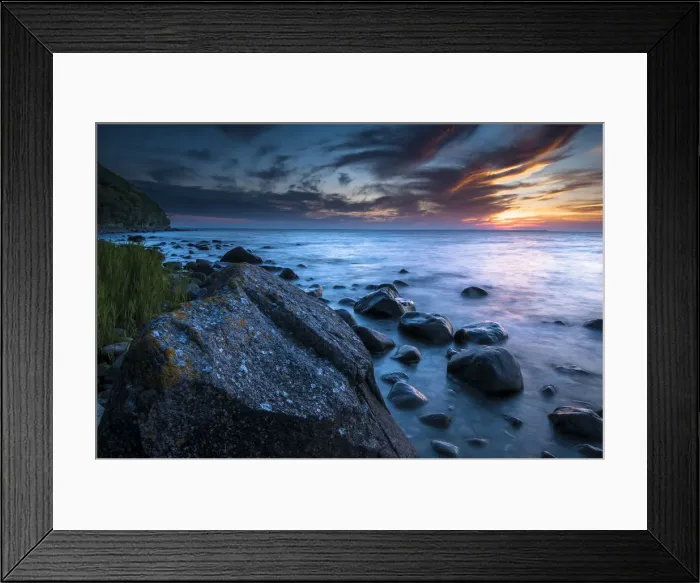 Framed Print : Rocks on a beach at sunset by the sea, bei Nardewitz, Rugen island, Rugen, Mecklenburg-Western Pomerania, Germany