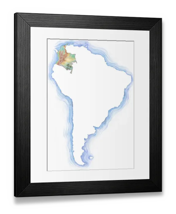Framed Print : Highly detailed hand-drawn map of Colombia within the outline of South America with a compass rose and the equator Framed Print : Highly detailed hand-drawn map of Colombia within the outline of South America with a compass rose and the equator