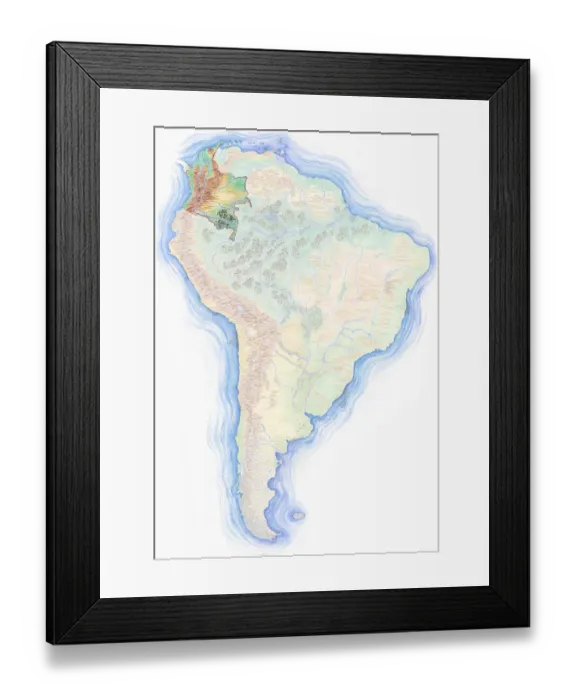 Framed Print : Highly detailed hand-drawn map of Brazil within the outline of South America with a compass rose and the equator
