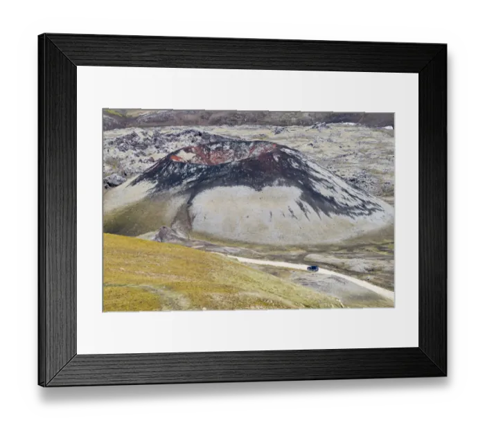 Framed Print : Stutur volcanic crater, Norournamshraun lava field, Jeep travelling on a highland road, F208, Landmannalaugar, Fjallabak Nature Reserve, Highlands, Iceland, Europe Framed Print : Stutur volcanic crater, Norournamshraun lava field, Jeep travelling on a highland road, F208, Landmannalaugar, Fjallabak Nature Reserve, Highlands, Iceland, Europe
